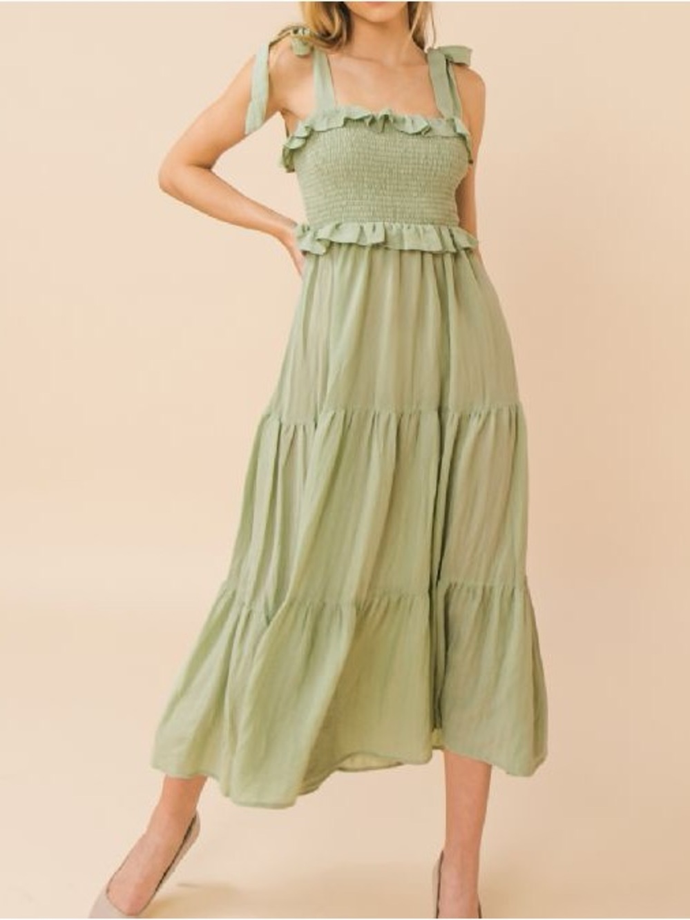 A. Calin by Flying Tomato Sage Green Smocked Tiered Maxi Dress S